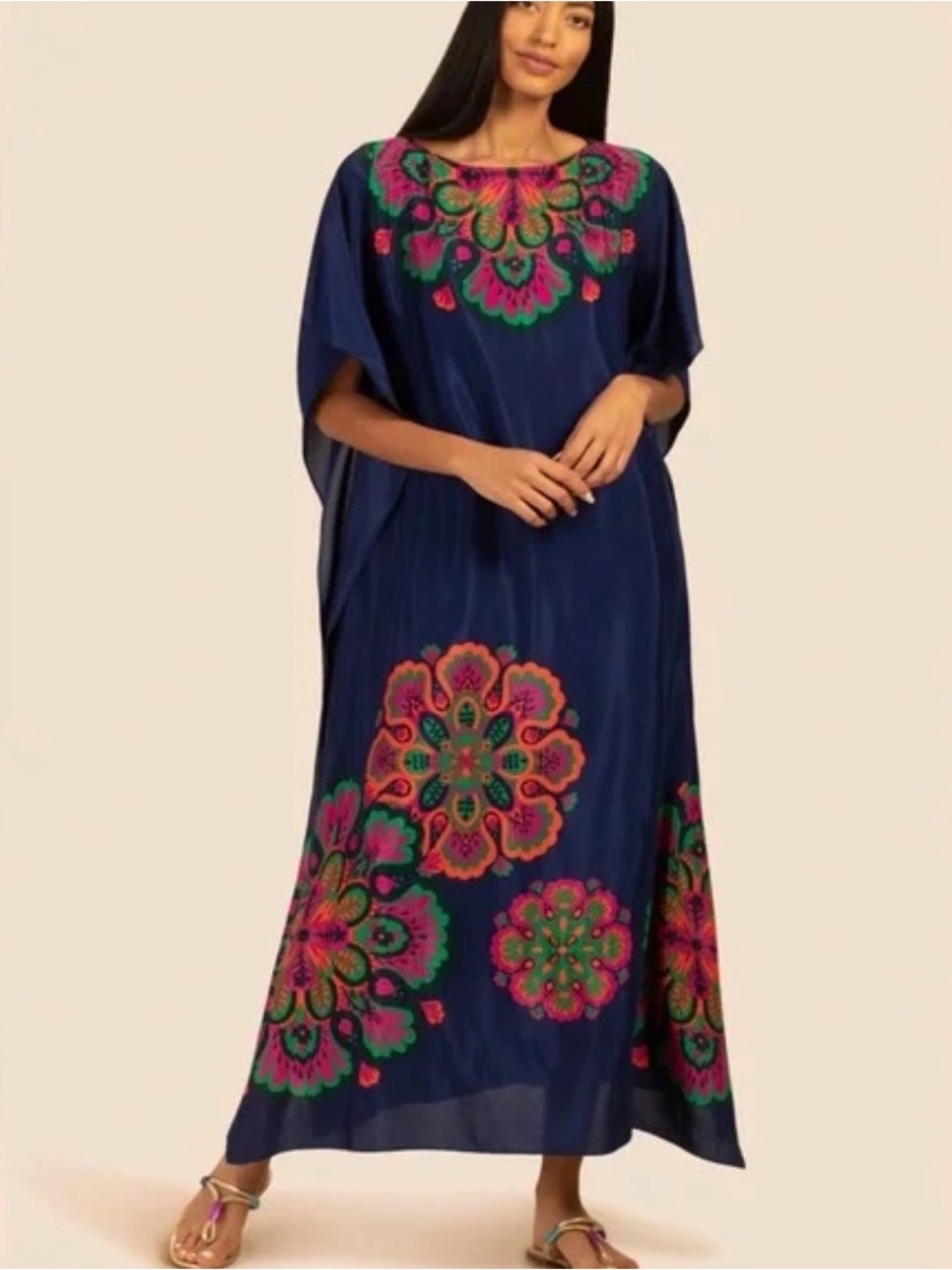 Trina Turk Theodora Navy Maxi Dress with Pink and Green Floral Embroidery